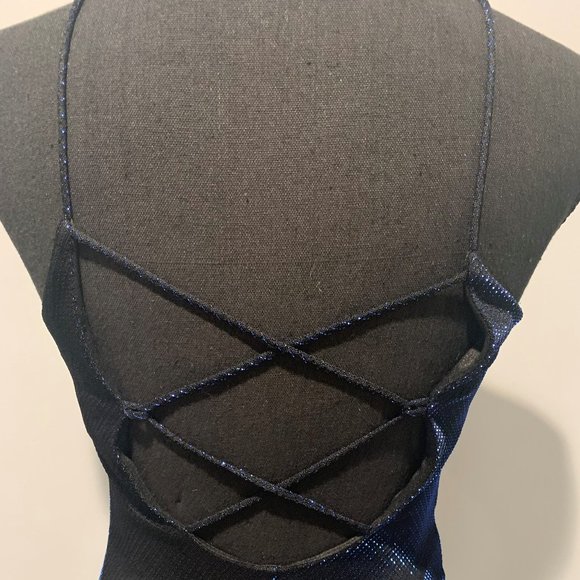 Jaslene ladies black & metallic blue spaghetti strap evening-gown - Picture 5 of 9